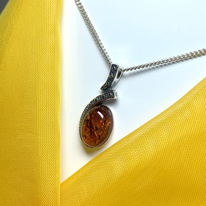 Real oval amber fancy necklace sterling silver