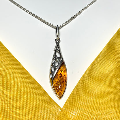 Real amber fancy open long pierced necklace sterling silver