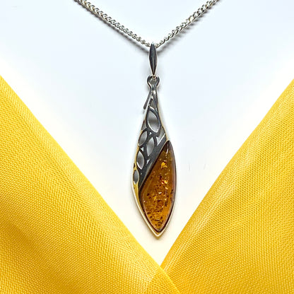 Real amber fancy open long pierced necklace sterling silver