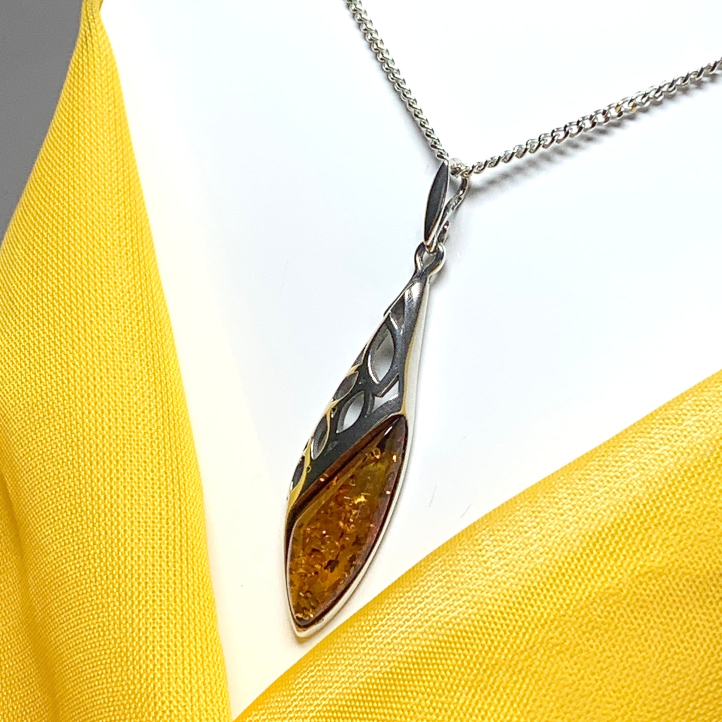 Real amber fancy open long pierced necklace sterling silver