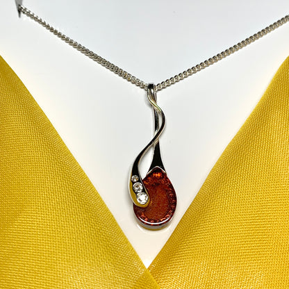 Real amber tear drop fancy sterling silver necklace