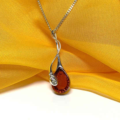 Real amber tear drop fancy sterling silver necklace