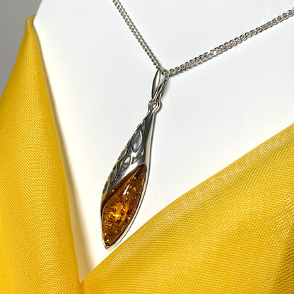 Real amber fancy open long pierced necklace sterling silver