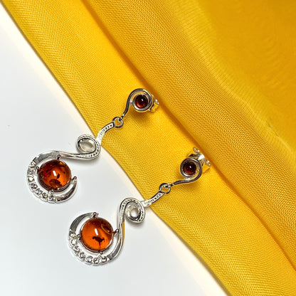 Real amber round drop earrings sterling silver fancy swirl