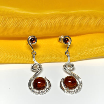 Real amber round drop earrings sterling silver fancy swirl