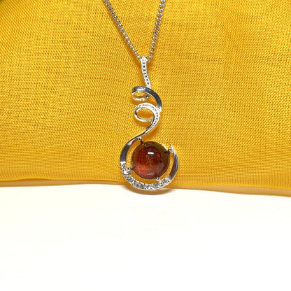 Real amber round sterling silver necklace fancy swirl