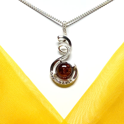 Real amber round sterling silver necklace fancy swirl