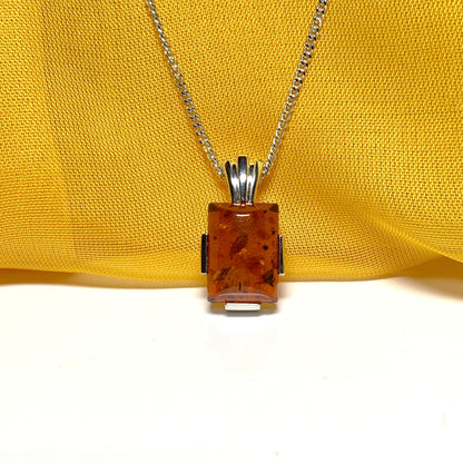 Real amber square pendant sterling silver necklace