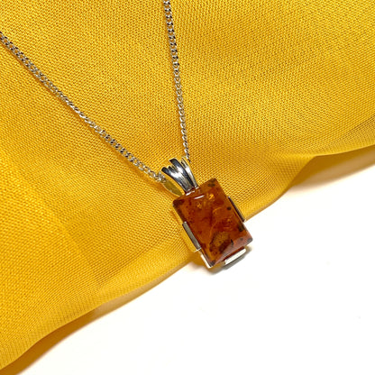 Real amber square pendant sterling silver necklace