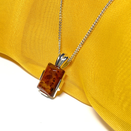 Real amber square pendant sterling silver necklace