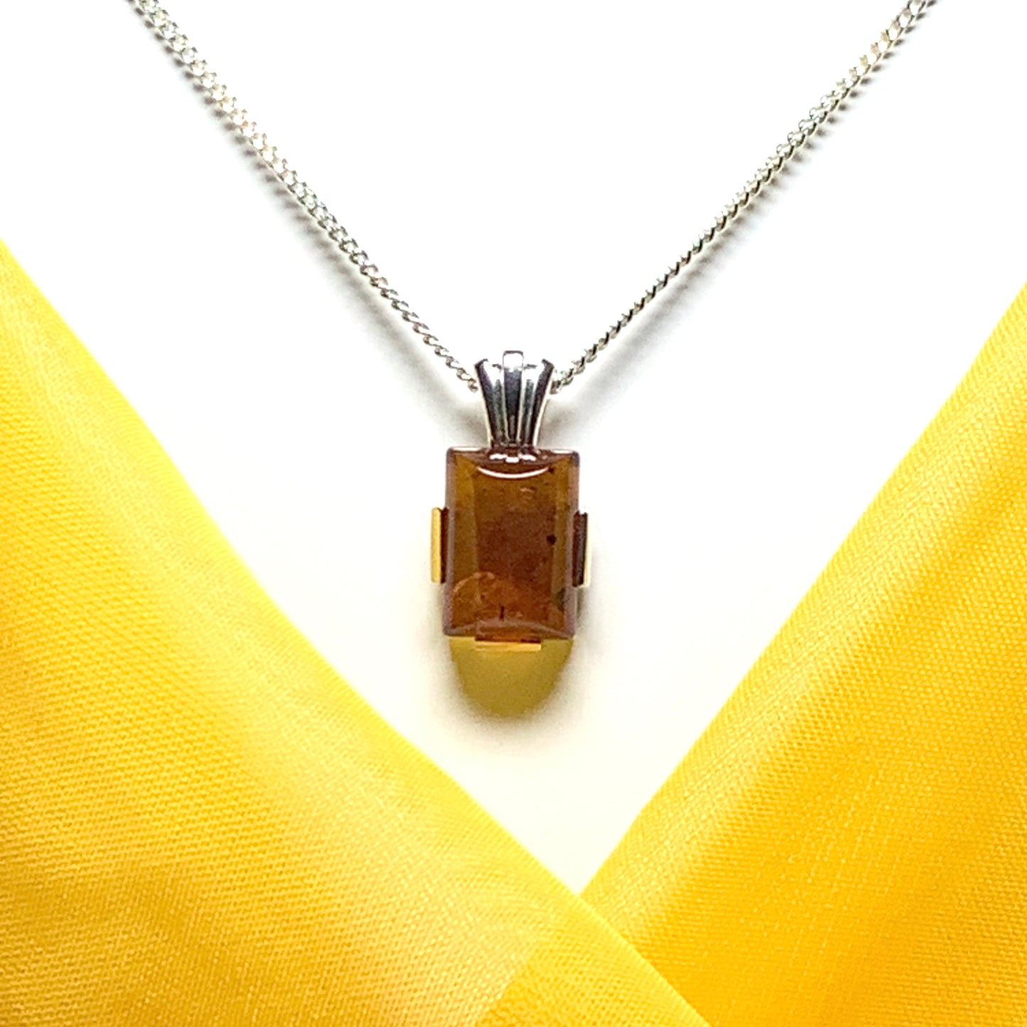 Real amber square pendant sterling silver necklace