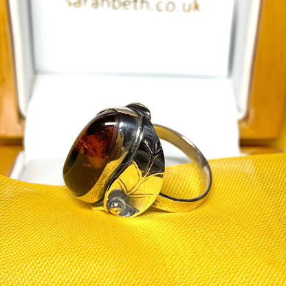 Real amber sterling silver ring oval leaf design