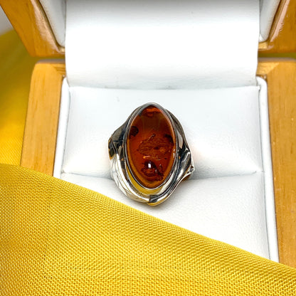 Real amber sterling silver ring oval leaf design