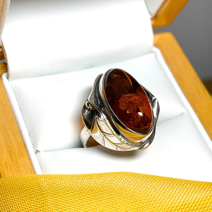 Real amber sterling silver ring oval leaf design