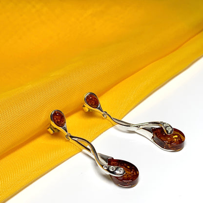 Real amber pear earrings fancy sterling silver