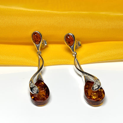 Real amber pear earrings fancy sterling silver