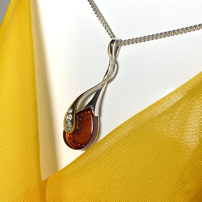 Real amber tear drop fancy sterling silver necklace