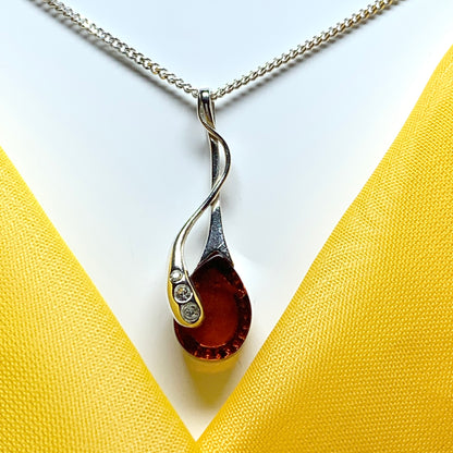 Real amber tear drop fancy sterling silver necklace