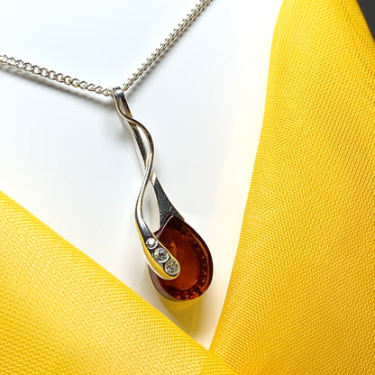 Real amber tear drop fancy sterling silver necklace