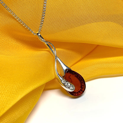 Real amber tear drop fancy sterling silver necklace