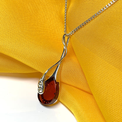 Real amber tear drop fancy sterling silver necklace