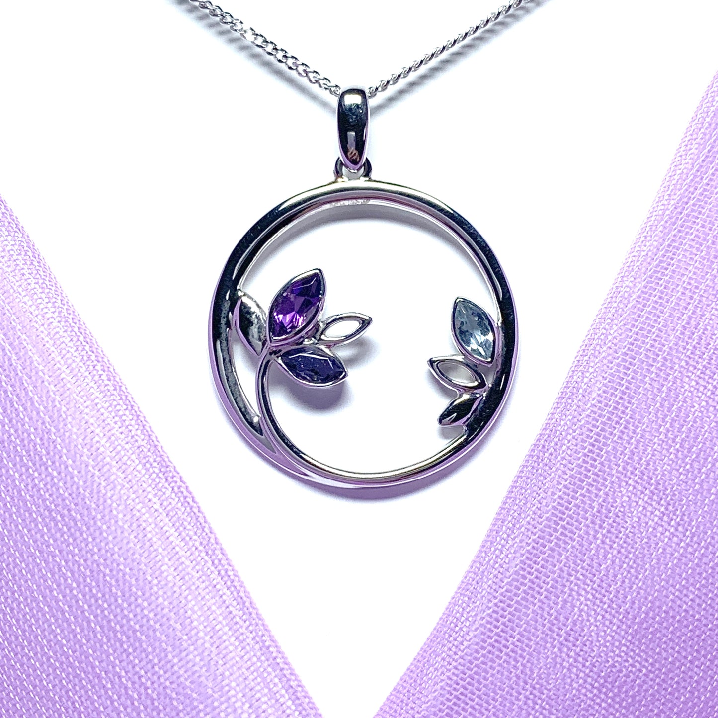 Real amethyst, iolite and blue topaz round necklace open pendant