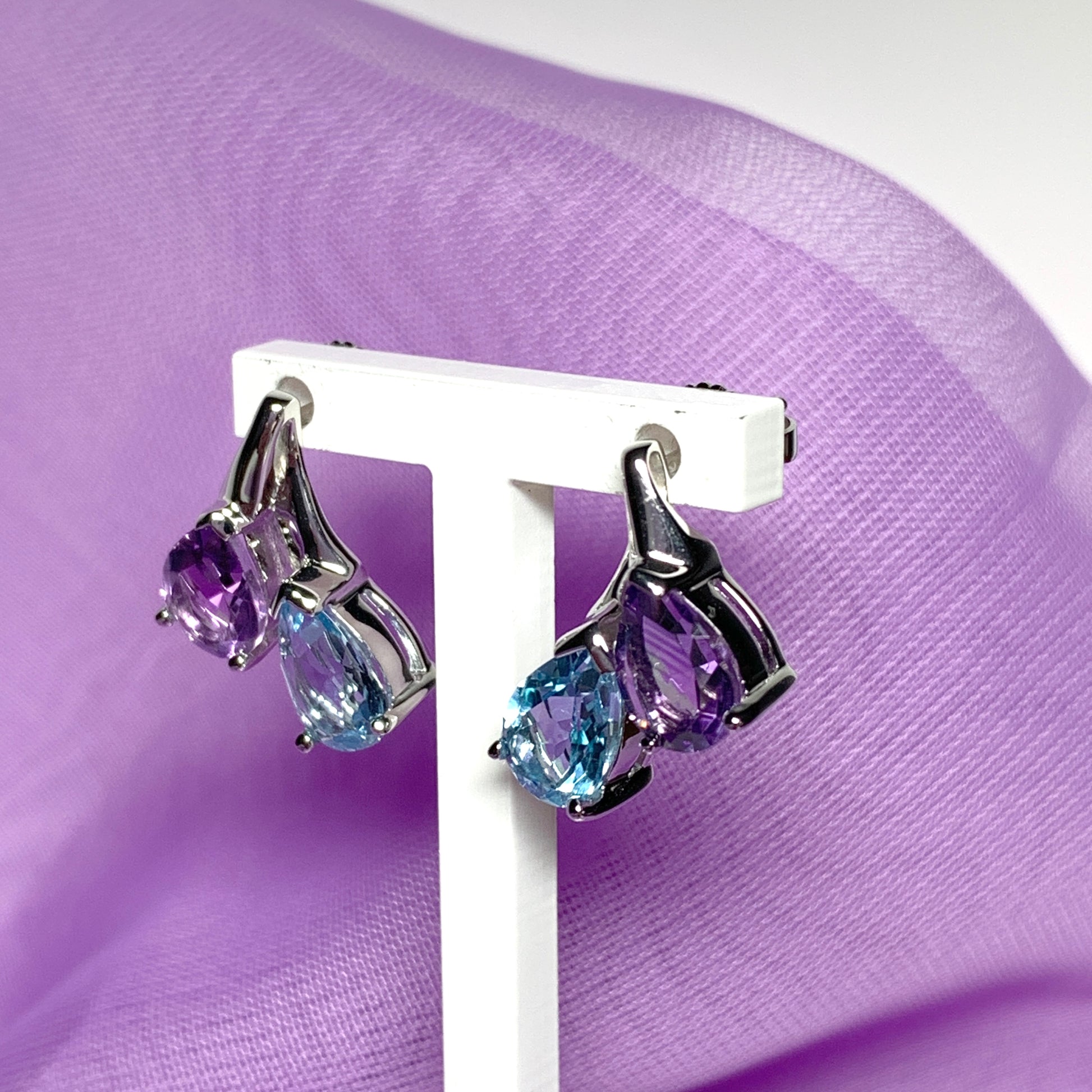 Real amethyst and blue topaz fancy stud earrings