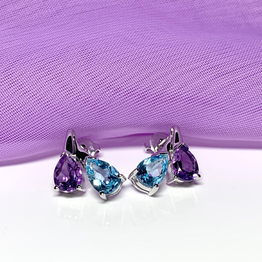 Real amethyst and blue topaz fancy stud earrings