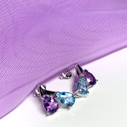 Real amethyst and blue topaz fancy stud earrings