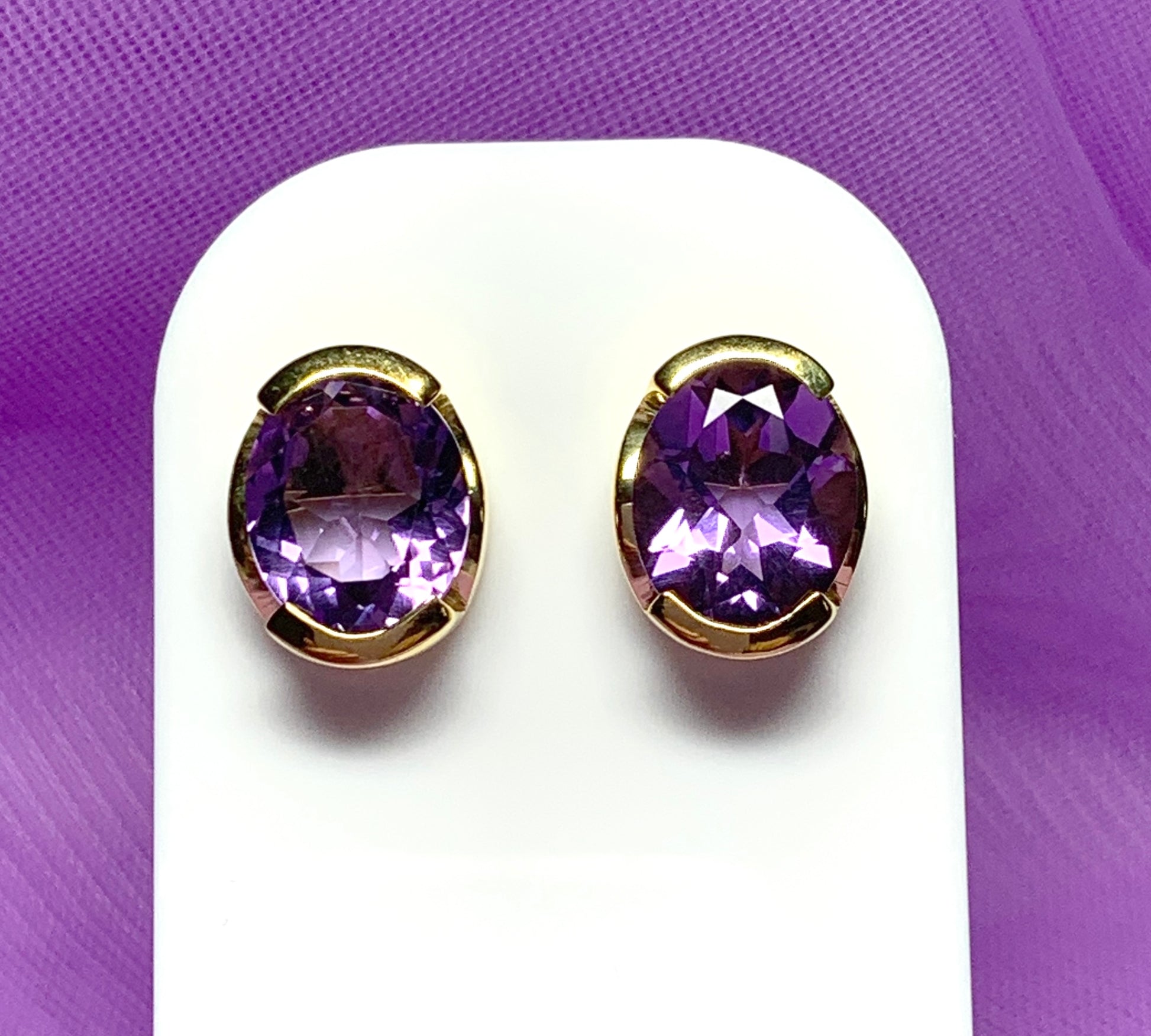 Real amethyst stud earrings oval purple sterling silver gilt