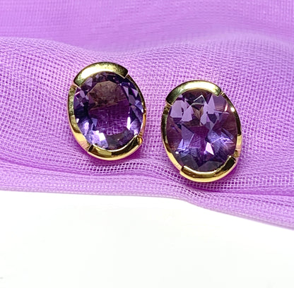 Real amethyst stud earrings oval purple sterling silver gilt