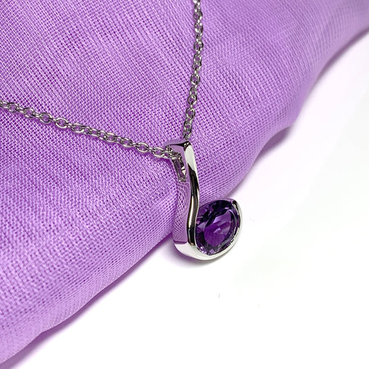 Real amethyst necklace oval purple fancy swirl sterling silver