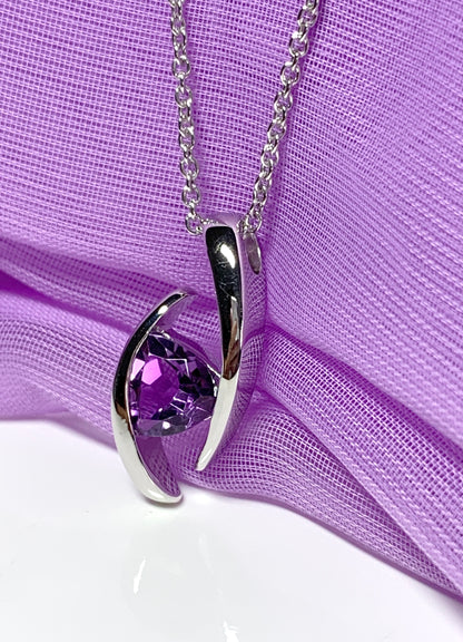 Real purple amethyst necklace pendant triangle smooth rubbed over setting