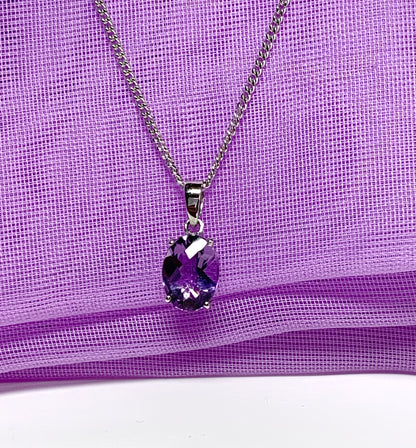 Real amethyst oval purple white gold necklace pendant