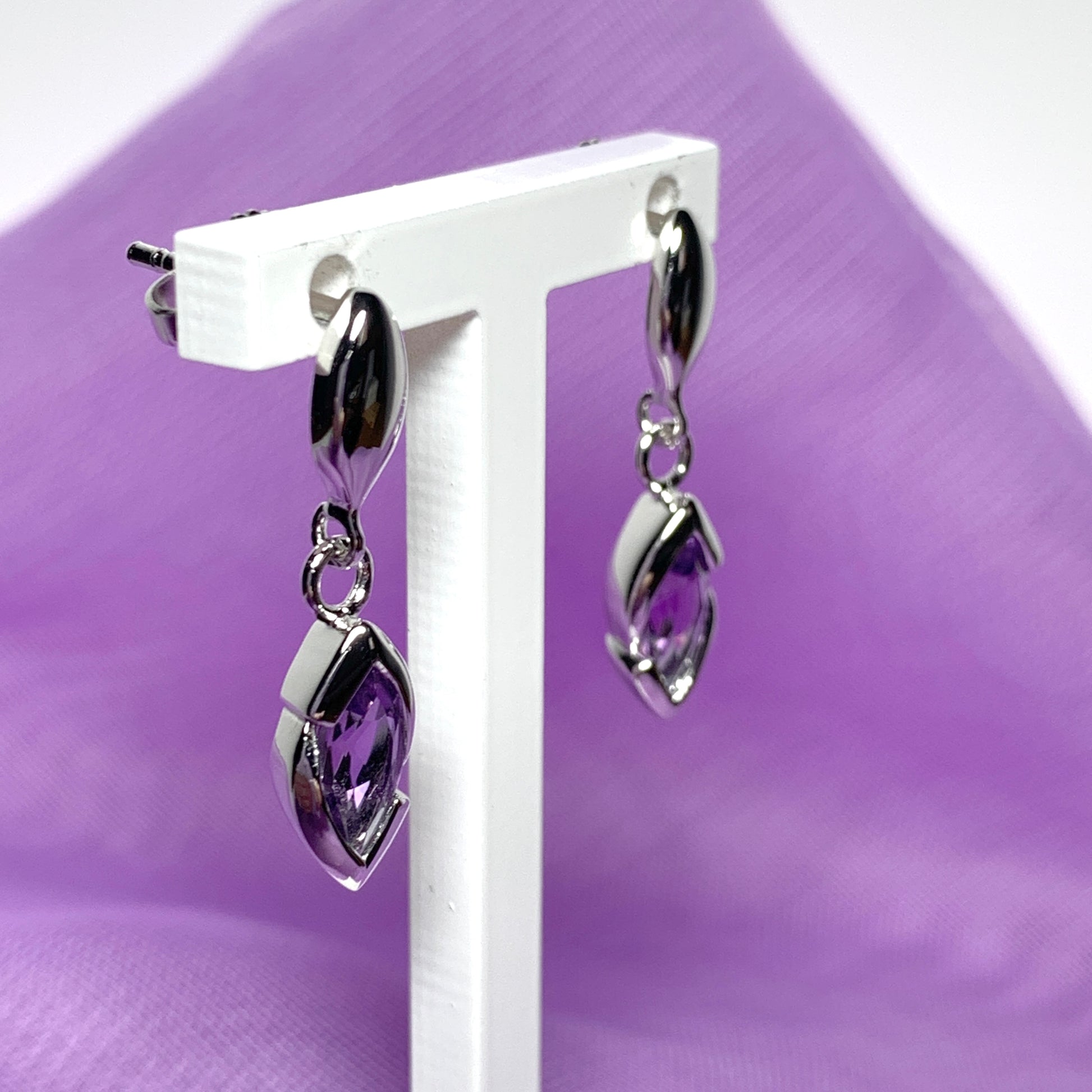 Purple real amethyst sterling silver marquise drop earrings