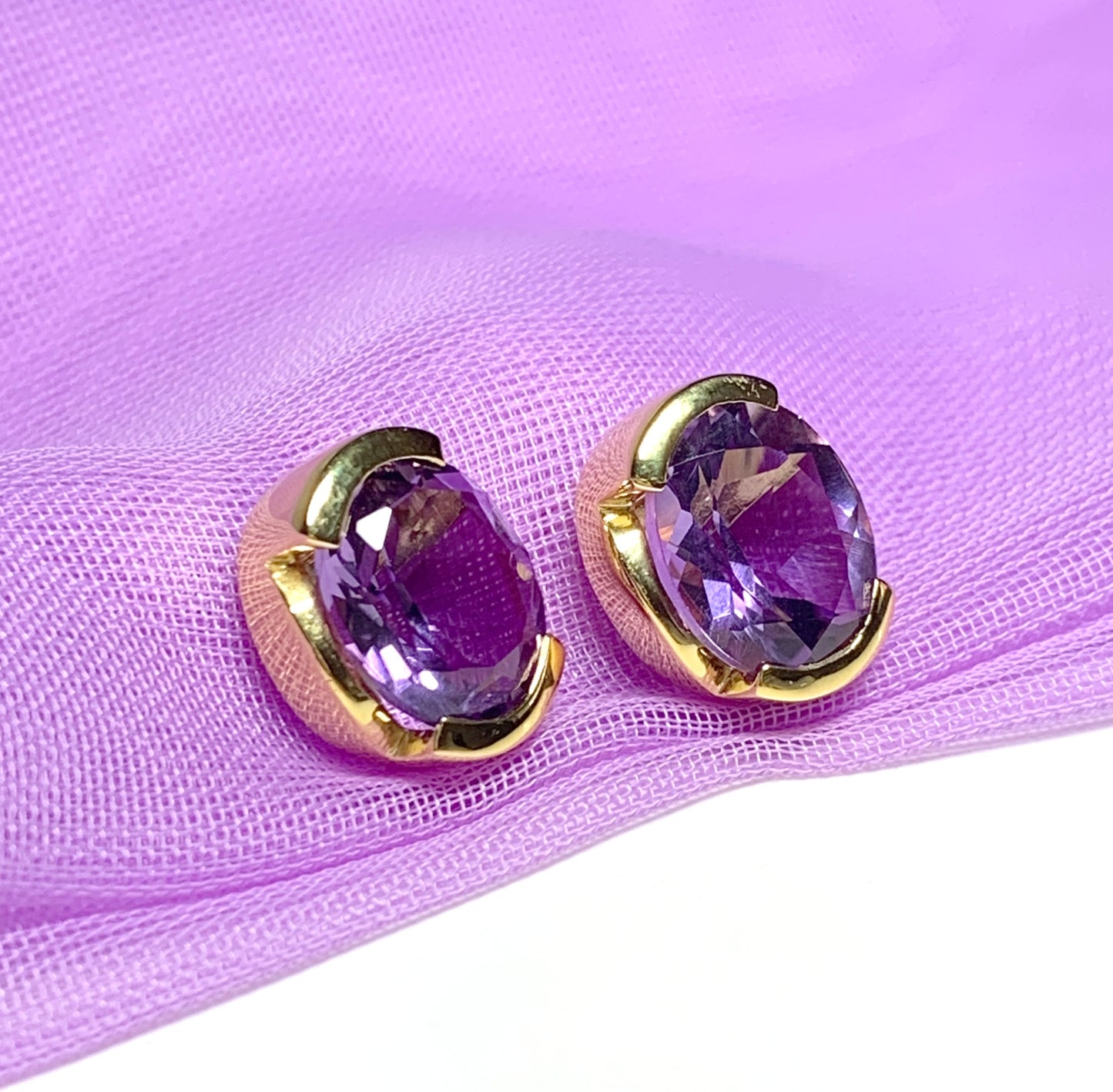 Real amethyst stud earrings oval purple sterling silver gilt