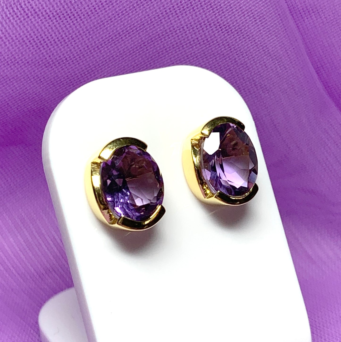 Real amethyst stud earrings oval purple sterling silver gilt