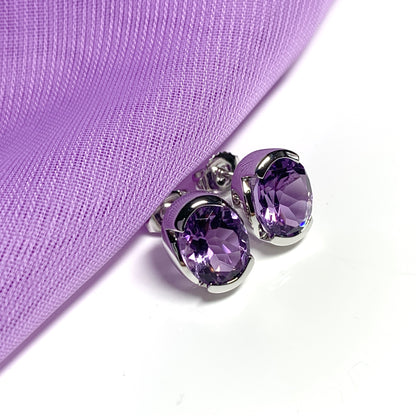 Real amethyst stud earrings oval purple