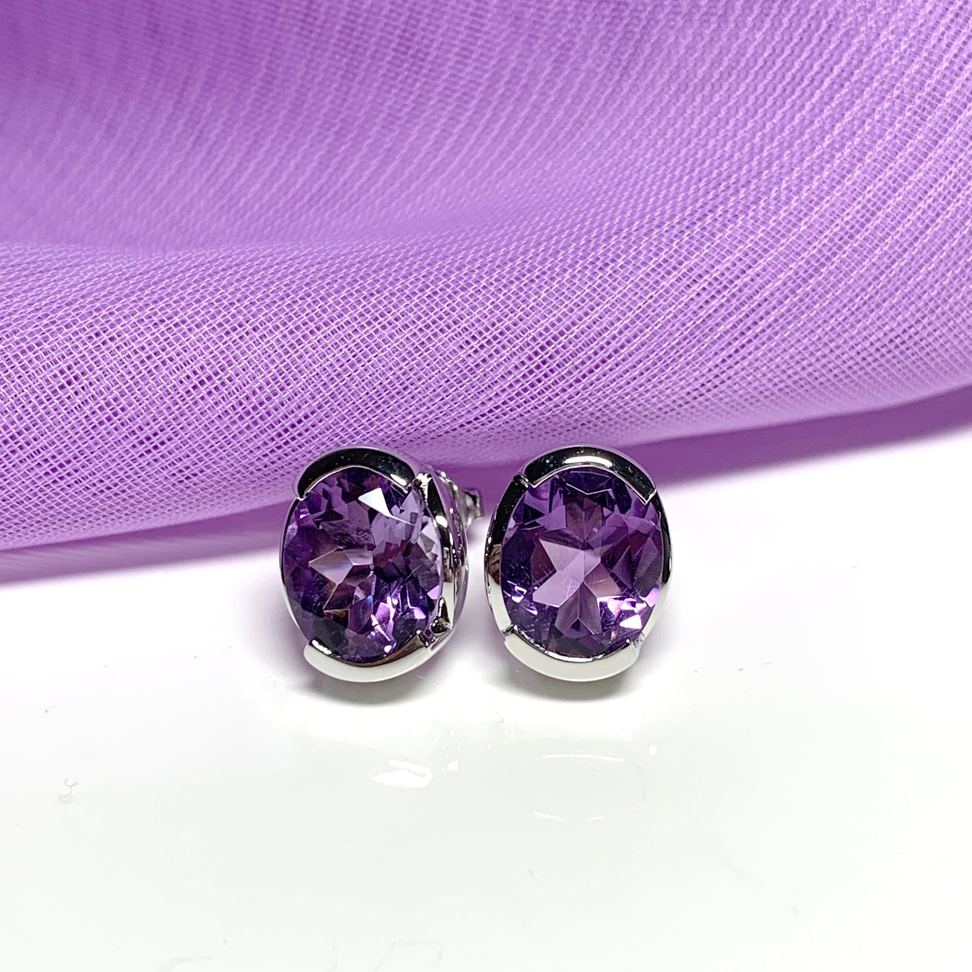 Real amethyst stud earrings oval purple