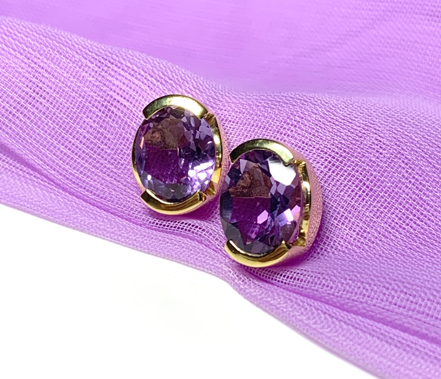 Real amethyst stud earrings oval purple sterling silver gilt