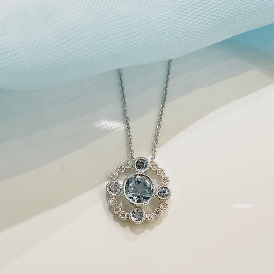 Real aquamarine necklace and diamond white gold round cluster pendant