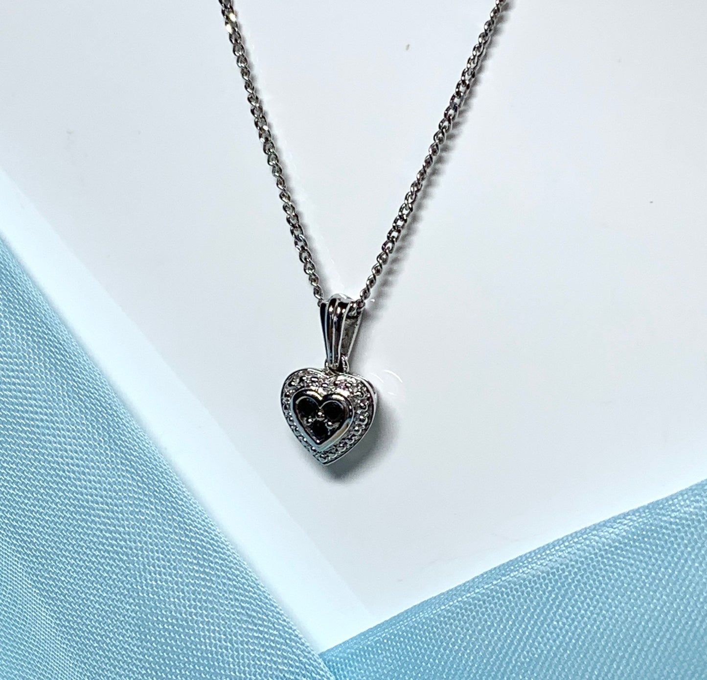 Real black and white diamond heart shaped white gold necklace pendant