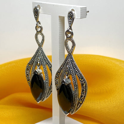 Real black jet and marcasite large drop earrings