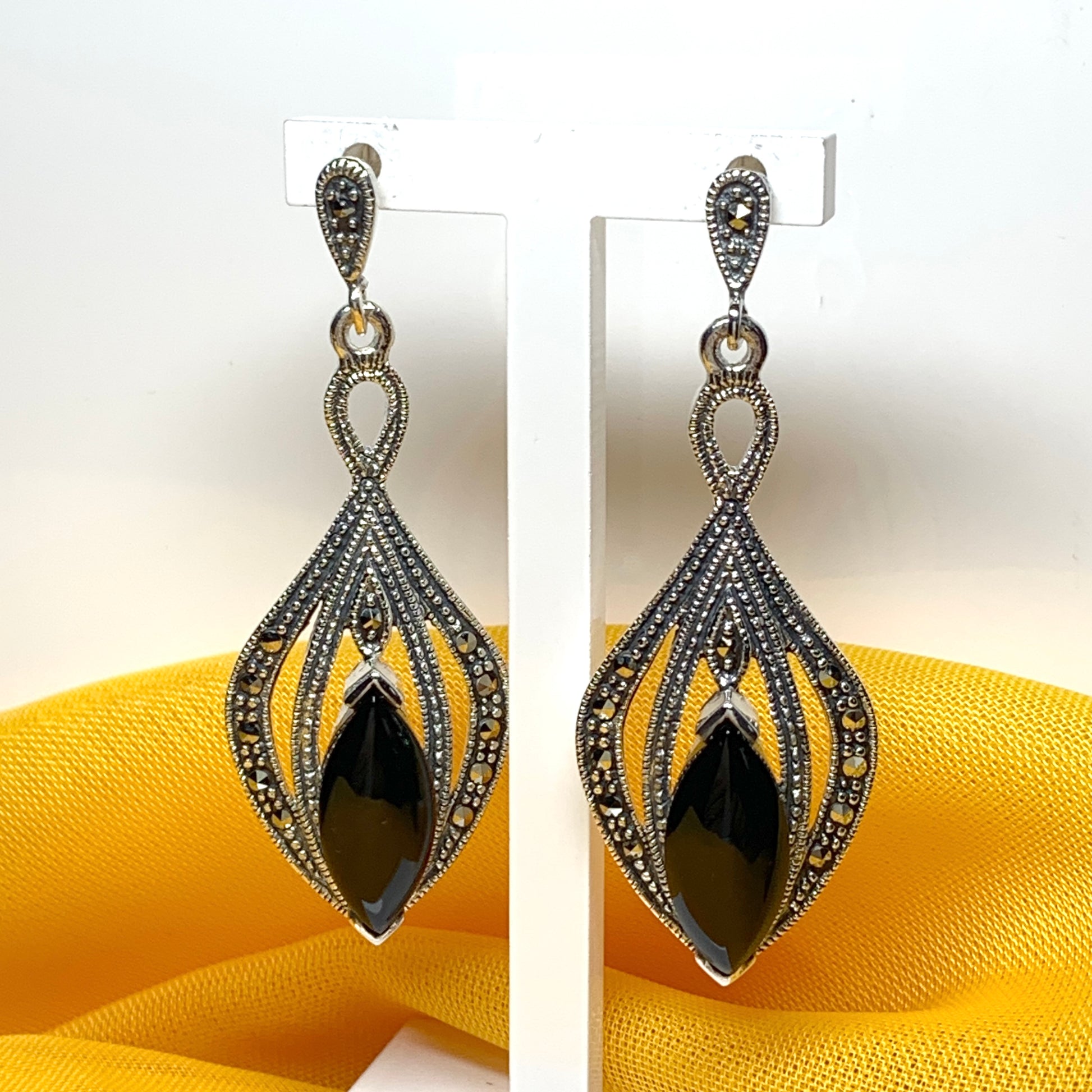 Real black jet and marcasite large drop earrings