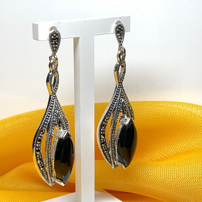 Real black jet and marcasite large drop earrings