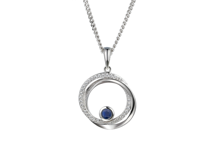 Real blue sapphire and cubic zirconia round necklace swirl pendant