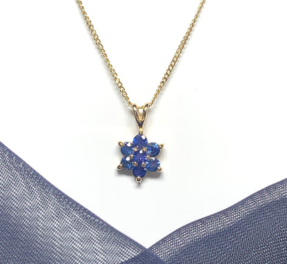 Real blue sapphire daisy cluster necklace pendant