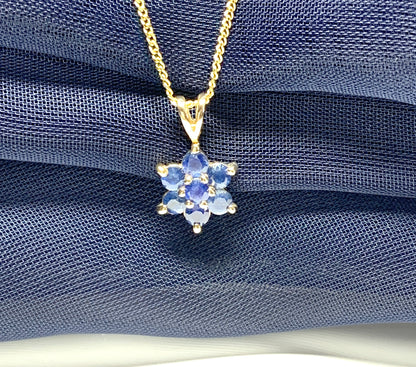 Real blue sapphire daisy cluster necklace pendant