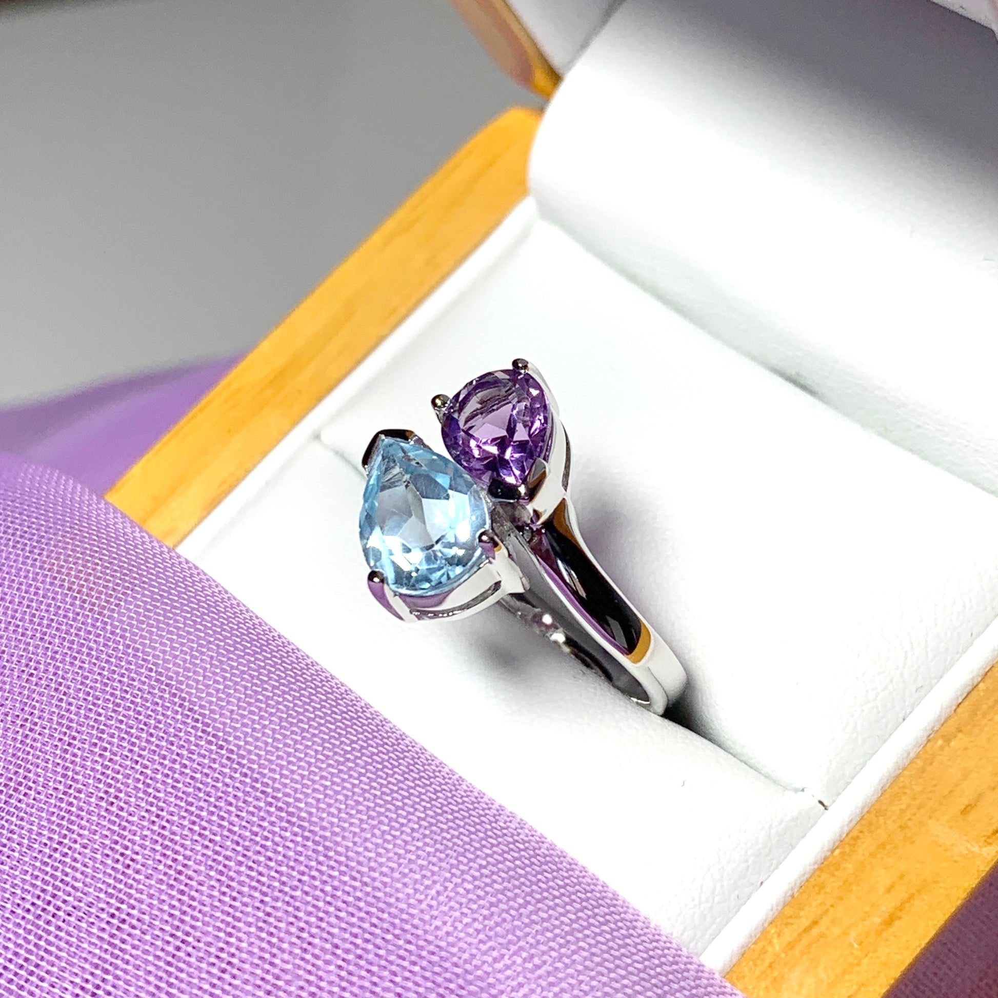Real blue topaz and real amethsyt fancy dress cocktail ring