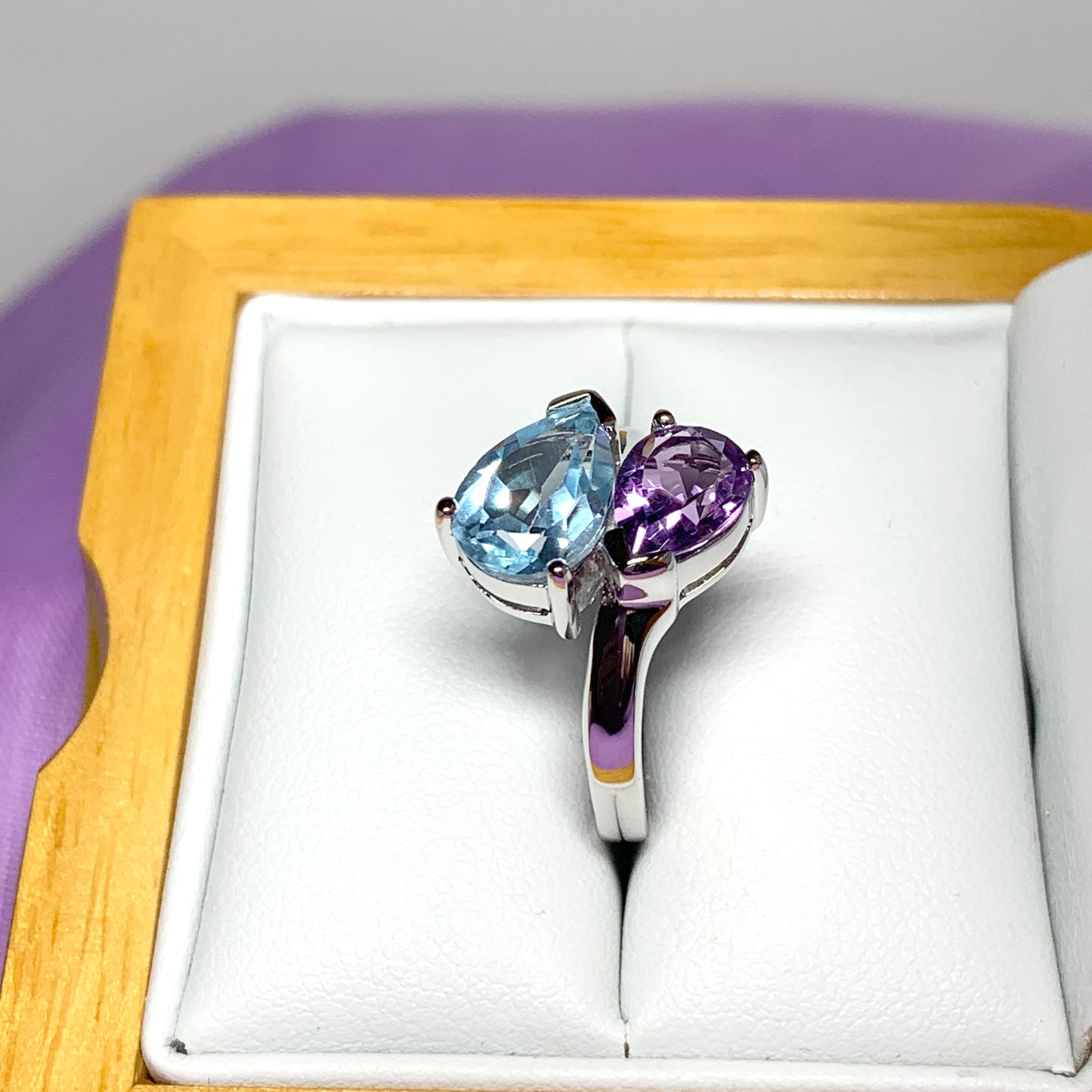 Real blue topaz and real amethsyt fancy dress cocktail ring